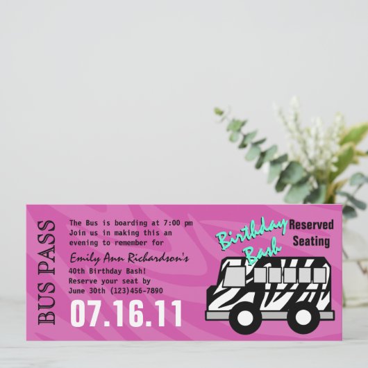 Invitation Zebra Stripe Bus Pass Fête d'anniversaire (Debout devant)