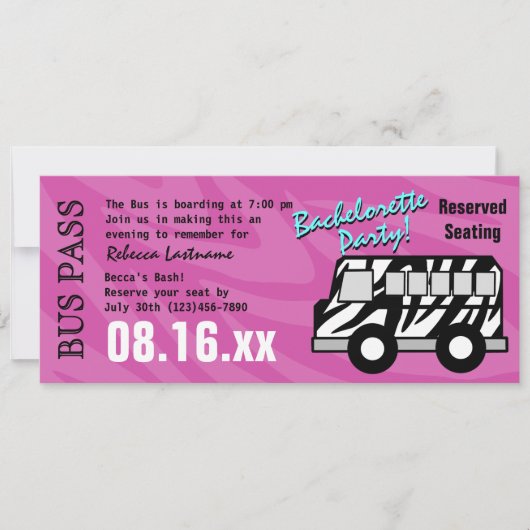 Invitation Zebra Stripe Bus Pass Fête des poules (Devant)