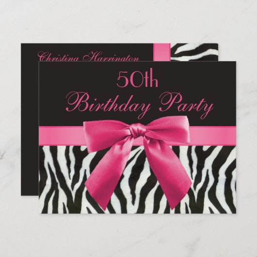 Invitation Zebra Stripes & Hot Pink Printed Bow 50e anniversa (Devant / Derrière)