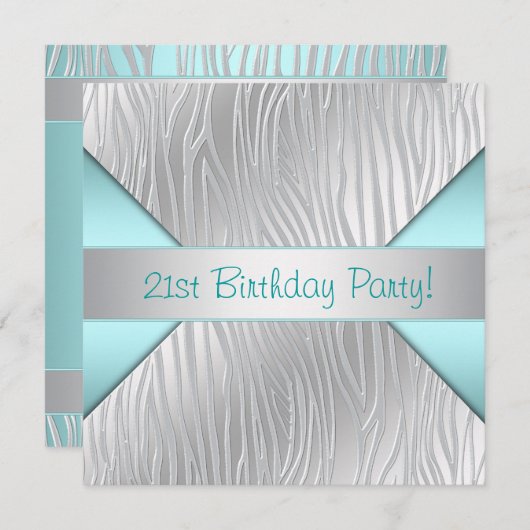 Invitation Zebra Turquoise Blue 21e fête d'anniversaire (Devant / Derrière)