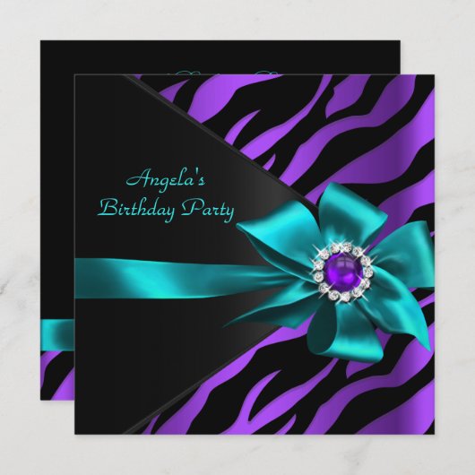 Invitation Zebra violet Turquoise fête d'anniversaire bleu no (Devant / Derrière)