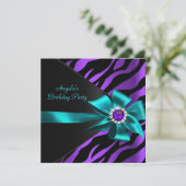 Invitation Zebra violet Turquoise fête d'anniversaire bleu no (Debout devant)