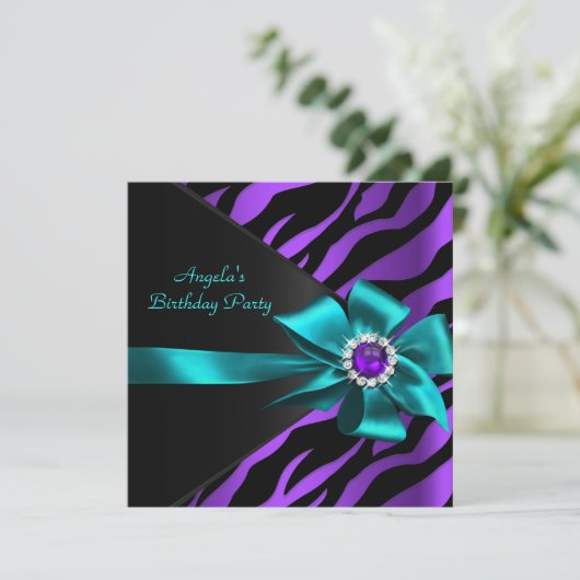 Invitation Zebra violet Turquoise fête d'anniversaire bleu no (Debout devant)