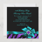 Invitation Zebra violet Turquoise fête d'anniversaire bleu no (Dos)