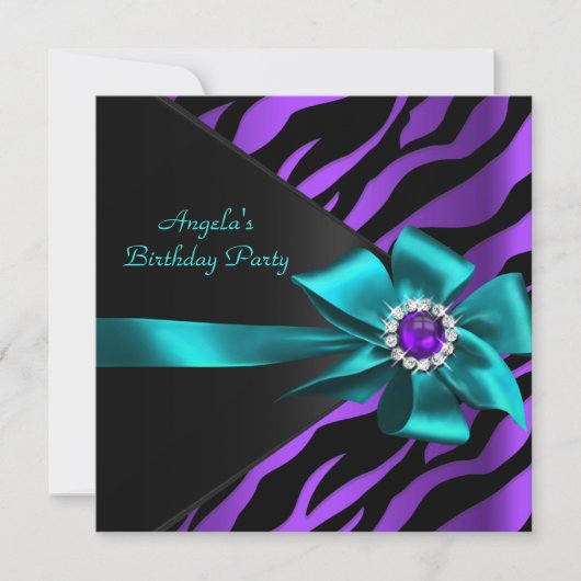 Invitation Zebra violet Turquoise fête d'anniversaire bleu no (Devant)