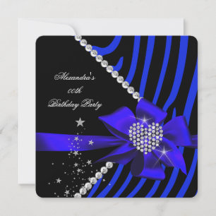 Invitation Zèbre Bleu Cœur Bijou Gemmes Noir Fête d'anniversa