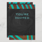 Invitation Zèbre Brown et Turquoise avec Monogramme (Devant / Derrière)