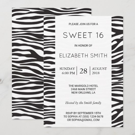 Invitation Zèbre Imprimé, Grilles, Noir Et Blanc, Doux 16 (Devant / Derrière)