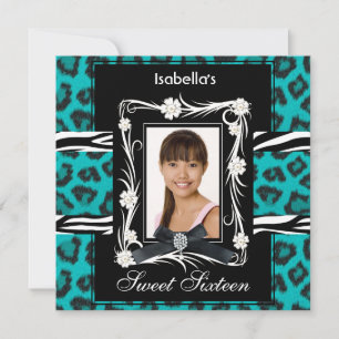 Invitation Zèbre Léopard Turquoise Sweet Sixteen 16 Noir Blan