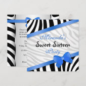 Invitation Zèbre noir blanc, ruban bleu imprimé Sweet 16 (Devant / Derrière)
