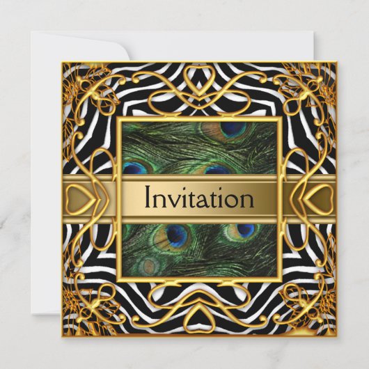 Invitation Zèbre Paon Doré pour Toute Fête (Devant)