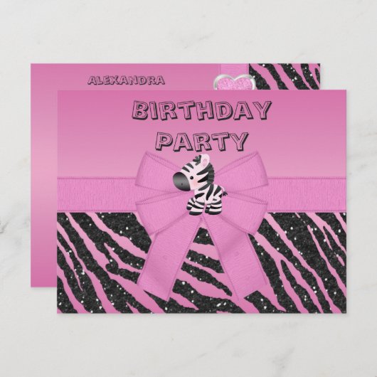 Invitation Zèbre rose mignon et fête d'anniversaire imprimée (Devant / Derrière)