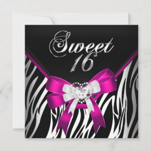 Invitation Zèbre Rose Sweet Sixteen 16 Anniversaire Noir Blan