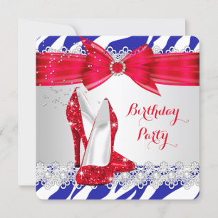 Invitation Zèbre Rouge Blanc Bleu Talon Lacet Perle Anniversa
