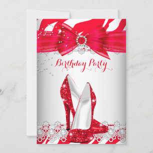 Invitation Zèbre Rouge Blanc Talon Haut Lacet Perle Anniversa