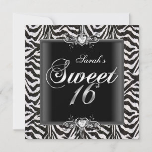 Invitation Zèbre Sweet Seize 16 Anniversaire Noir Blanc