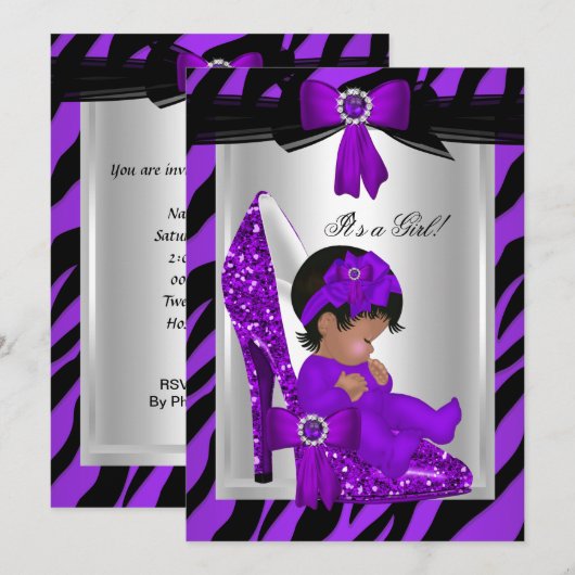 Invitation Zèbre Talons Hauts Violets Fille de Baby Shower Et (Devant / Derrière)