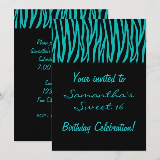 Invitation Zèbre Turquoise personnalisé (Devant / Derrière)