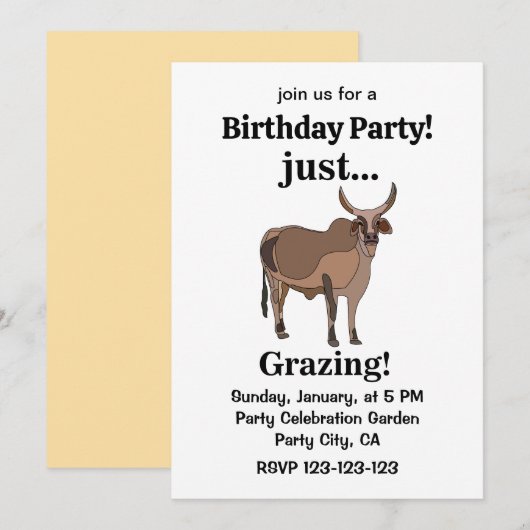 Invitation Zebu Cattle Cow Animal Birthday Party (Devant / Derrière)