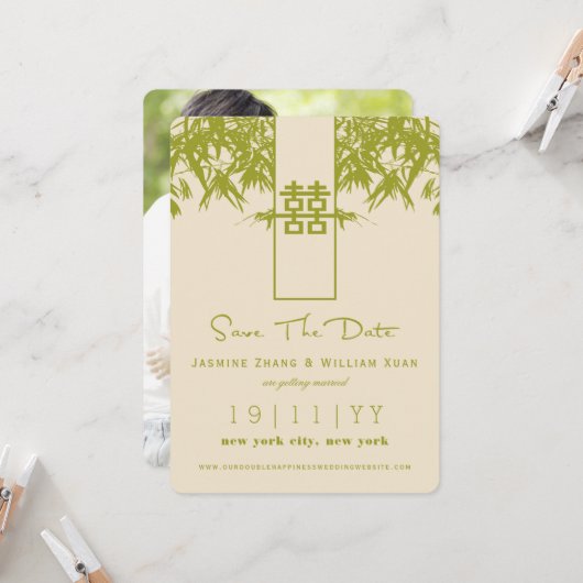 Invitation Zen Bamboo Double Bonheur Chinois Sauver La Date (Devant/Arrière en situation)