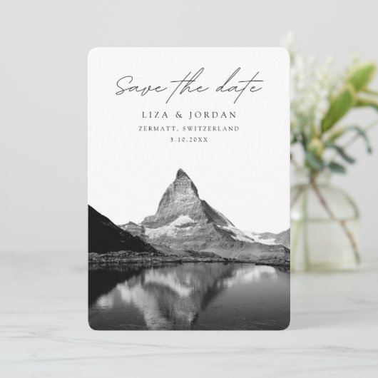 Invitation Zermatt Enregistrer la date Suisse Noir & Blanc (Debout devant)