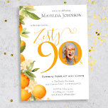 Invitation Zesty Orange Photo 90th Birthday Party<br><div class="desc">Zesty Orange Photo 90th Birthday Party Invitation. Commencez votre fête avec notre thème Zesty Orange Adult Milestone Anniversaire Party! Plein d'énergie et de vitalité, ce design animé prépare le terrain à un rassemblement amusant. Incorporez votre photo personnalisée préférée pour personnaliser l'expérience, en ajoutant une touche unique à votre célébration de...</div>