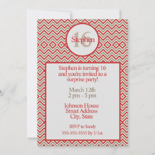 Invitation Zig Zag Rouge Blanc et Tan Anniversaire contempora