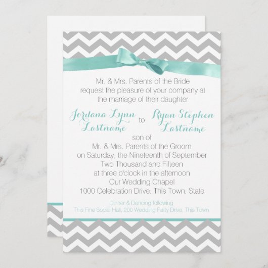 Invitation Zigzag Aqua et Bow (Devant / Derrière)
