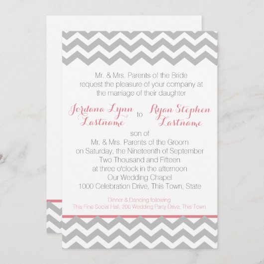 Invitation Zigzag Gris et rose (Devant / Derrière)