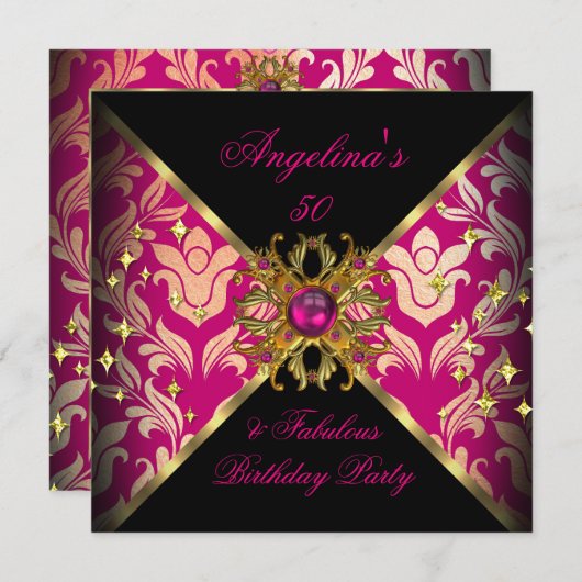 Invitation ZIZZAGO DESIGN Fabuleux 50 Pink Gold Damask Party (Devant / Derrière)