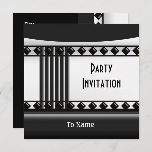 Invitation Zizzago Noir Blanc Art Déco (Devant / Derrière)