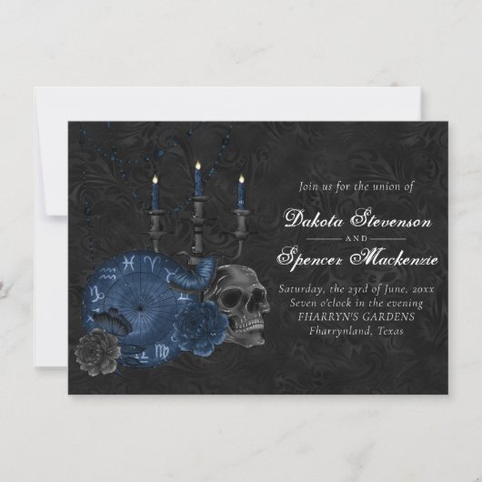 Invitation Zodiaque magic | Dark Navy Blue Gothic Skull (Devant)