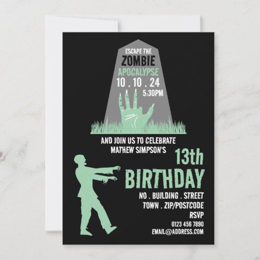 Invitation Zombie Apocalypse Thème Escape Room Anniversaire (Devant)