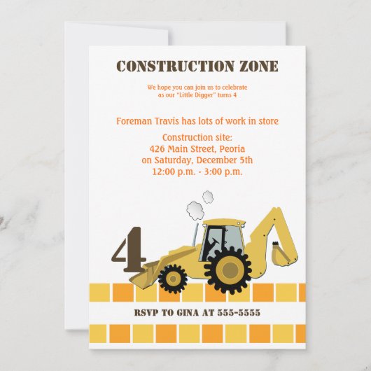 Invitation Zone de construction Backhoe Boys Anniversaire Inv (Devant)