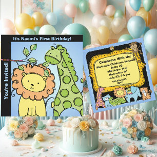 Invitation Zoo Animaux Giraffe Lion Anniversaire Personnalisé