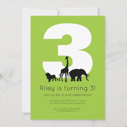 Invitation Zoo animaux vert enfant anniversaire (Devant)