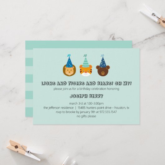 Invitation Zoo anniversaire avec lions, tigres, ours Invitati (Devant/Arrière en situation)