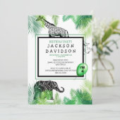 Invitation Zoo Boy's Birthday Party Foliage Giraffe Elephant (Debout devant)