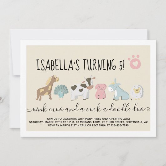 Invitation Zoo de mouture pour les filles / Animaux de ferme (Devant)