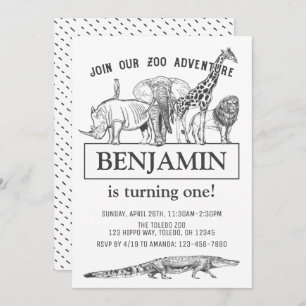 Invitation Zoo noir et blanc personnalisé Animaux Anniversair