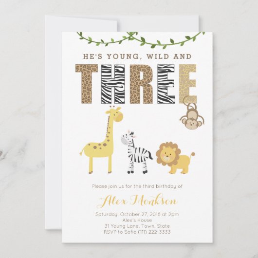Invitation Zoo Safari Animaux 3e fête d'anniversaire pour gar (Devant)