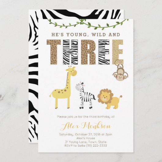 Invitation Zoo Safari Animaux 3e fête d'anniversaire pour gar (Devant / Derrière)
