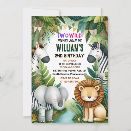 Invitation zoo zebra safari In Two The Wild 2e anniversaire (Devant)