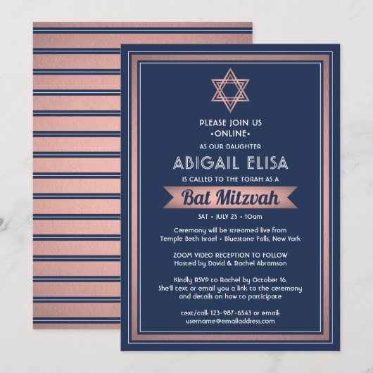 Invitation Zoom virtuel Bat mitzvah Marine bleu rose Rose or (Devant / Derrière)
