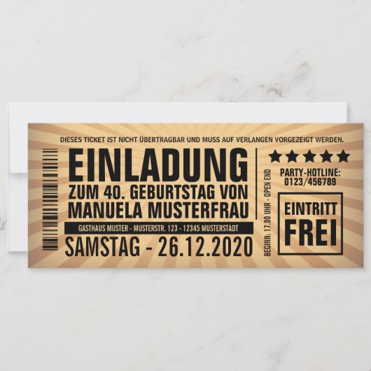 Invitations 40e anniversaire – Billet d'entrée (Devant)