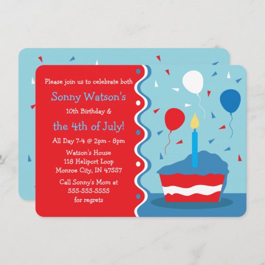 Invitations 4 juillet fête d'anniversaire (Devant / Derrière)