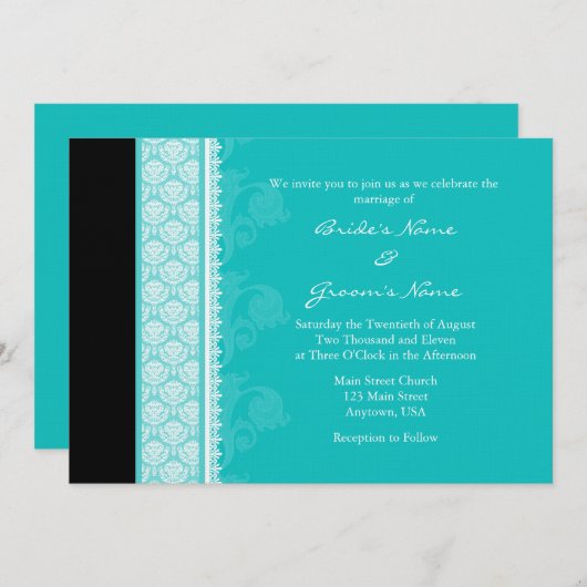 Invitations A7 Turquoise One-Side Mariage damassé (Devant / Derrière)