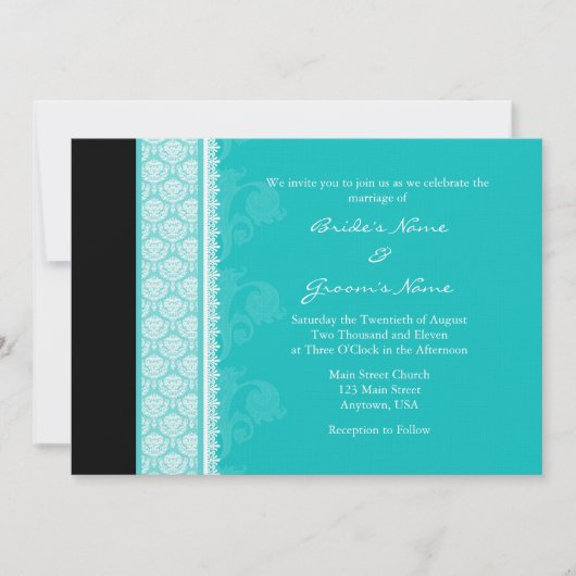 Invitations A7 Turquoise One-Side Mariage damassé (Devant)
