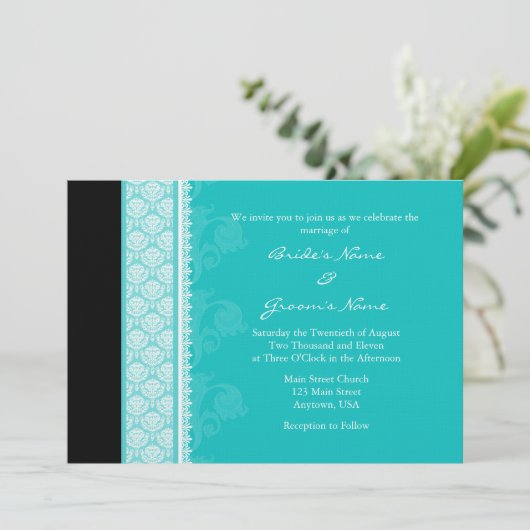 Invitations A7 Turquoise One-Side Mariage damassé (Debout devant)