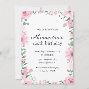 Invitations à 100e anniversaire Floral Frame Pink 